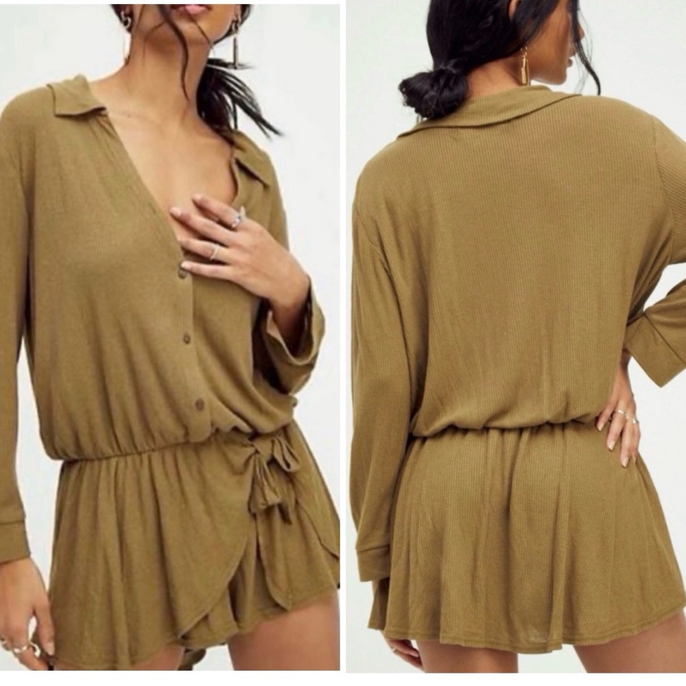 Free People Beach - Lively Romper 🌿 Long Sleeve SM - Tropical Nut